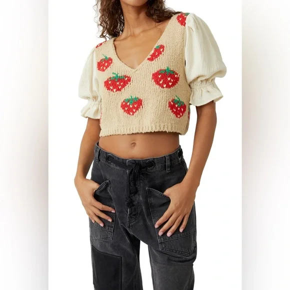 𝓯𝓹 Free People ~ Strawberry Jam Mixed Media Top - Picture 7 of 16